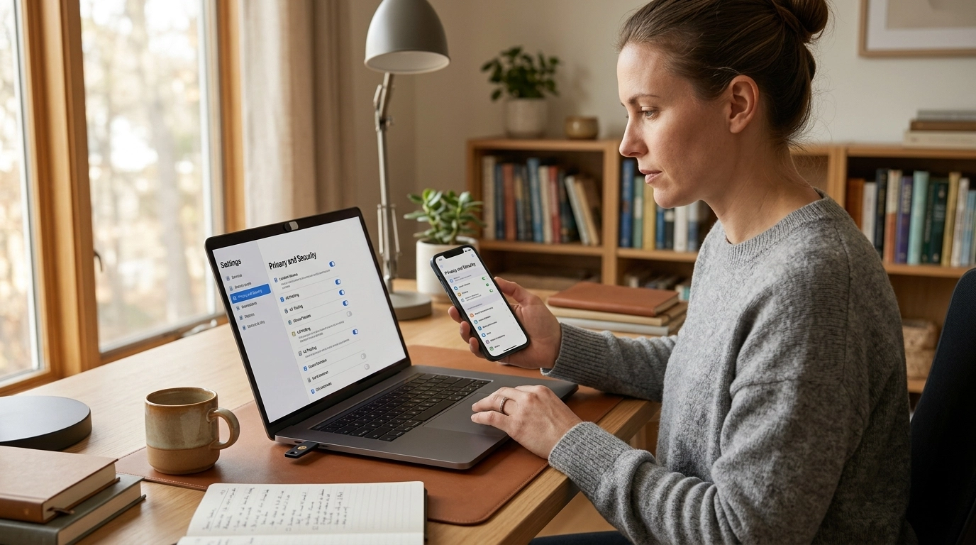 A person using a laptop in a brightly lit room, emphasizing a secure and private digital workspace.