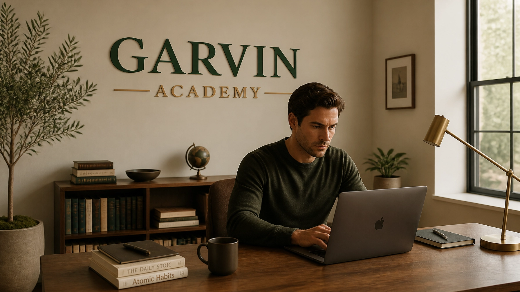 An entrepreneur in a professional home office setting, focusing on mastering blockchain technology to secure his financial future.