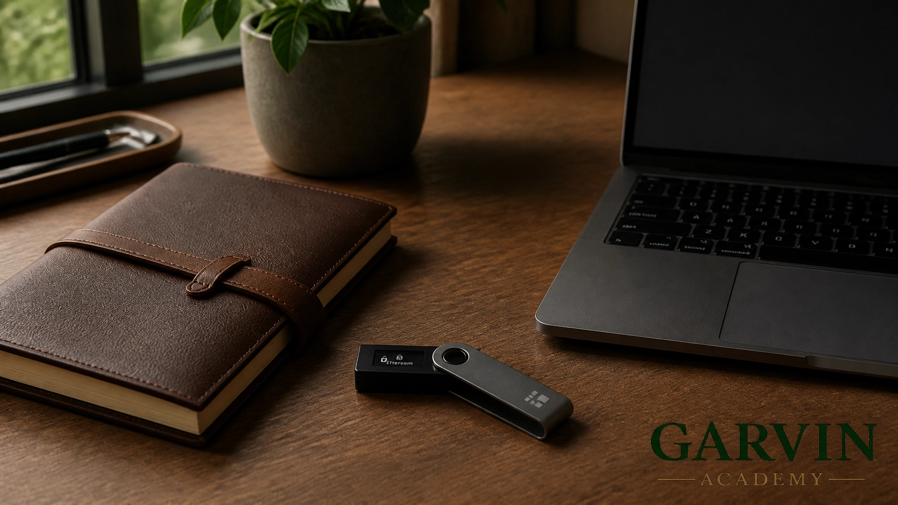 A professional desk setup featuring a hardware wallet and the Garvin Academy logo, symbolizing secure digital asset management.
