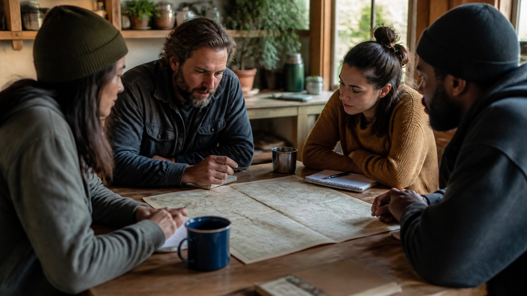 A small group gathered around a rustic wooden table, studying a paper map in soft natural light with warm earthy tones.