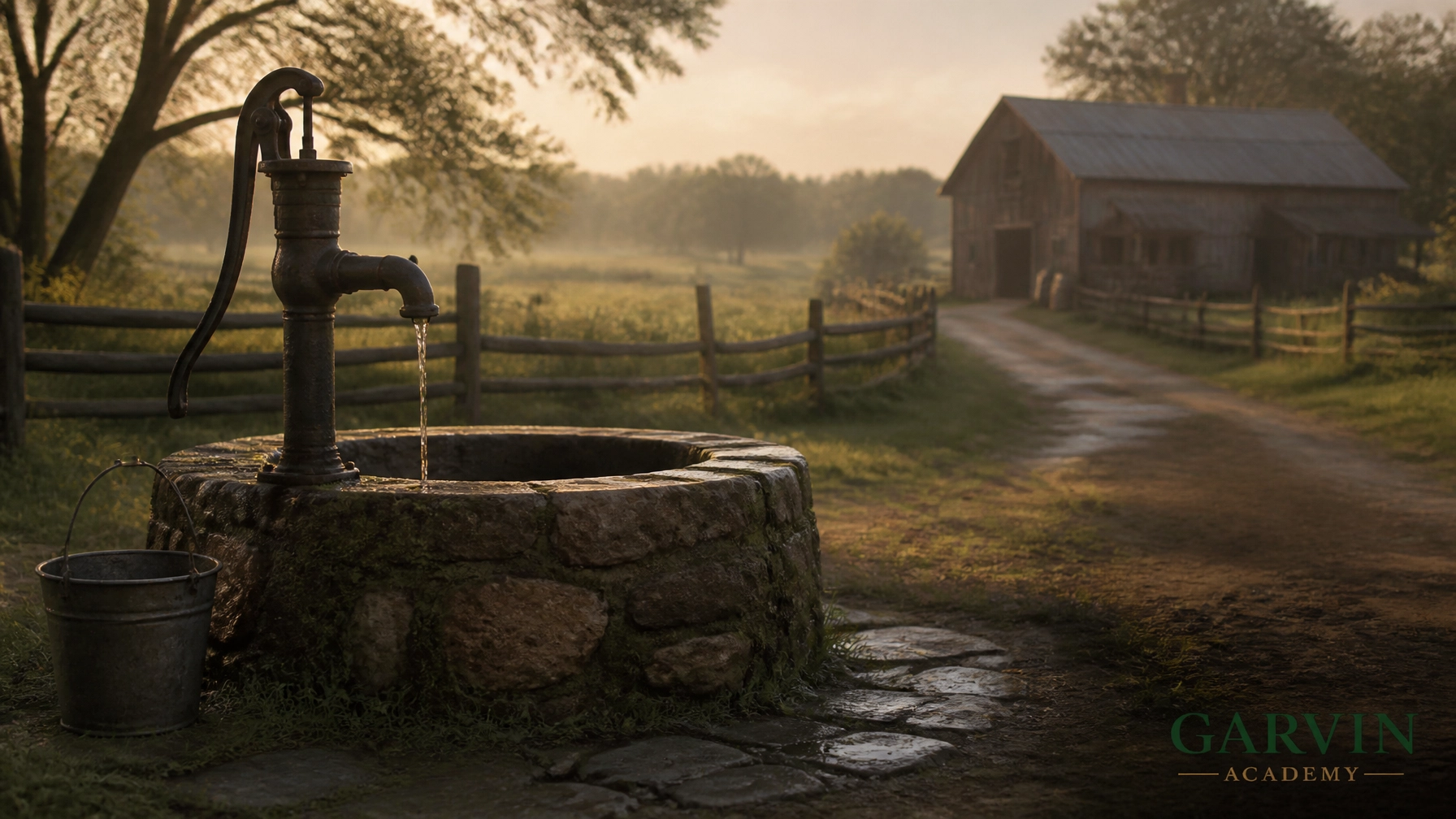 Rustic water well and hand pump symbolizing water security