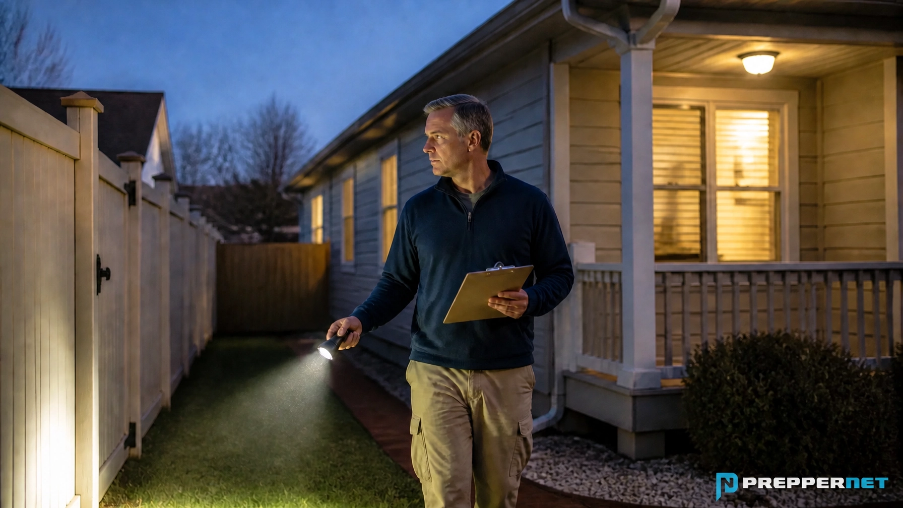 Homeowner inspecting the perimeter of a suburban house with a flashlight and checklist